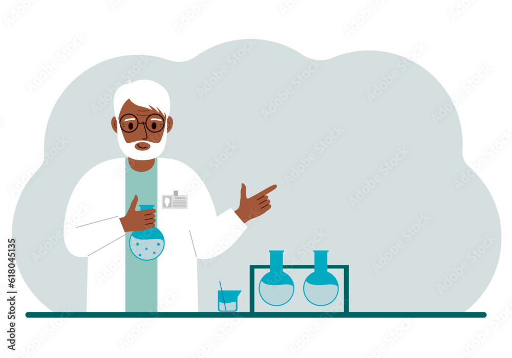Old male scientist with flasks. Experimental scientist, laboratory assistant, biochemistry, chemical, scientific research.