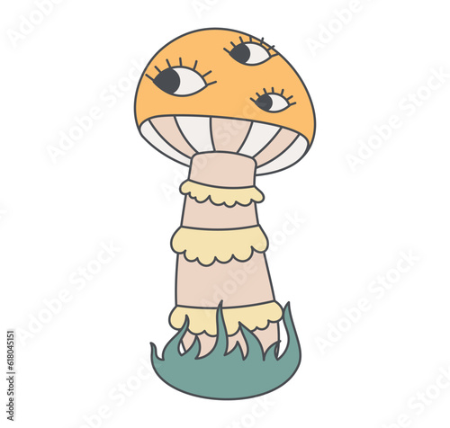 A psychedelic hallucinogenic poisonous mushroom with eyes, groovy style. Vector isolated doodle retro illustration, hippie trip concept.