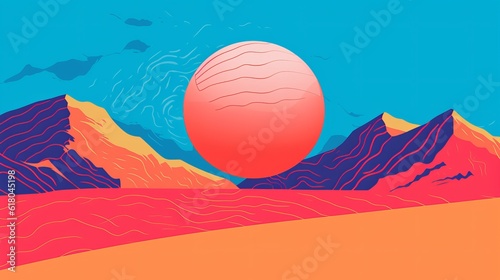 Volleyball ball of bright color and mountains on the background. Generative AI