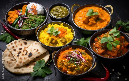 Assorted various Indian food on a dark rustic background. Traditional Indian dishes Chicken tikka masala, palak paneer, saffron rice, lentil soup, pita bread and spices. photo