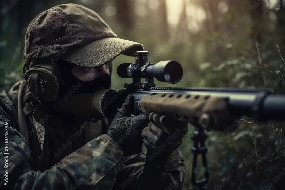 Army sniper aims through the telescopic sight. Army sniper with large-caliber sniper rifle seeking killing enemy, generative AI