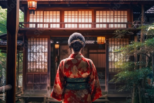 Japanese woman kimono house. Generate Ai