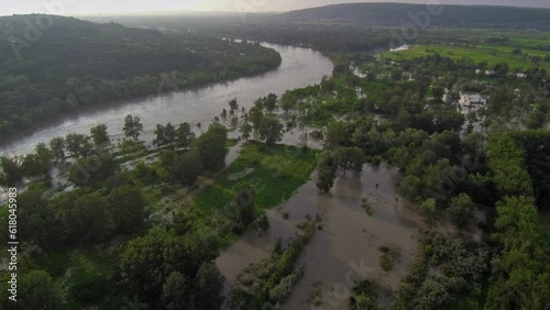 Flooded fields and groves, aerial view.