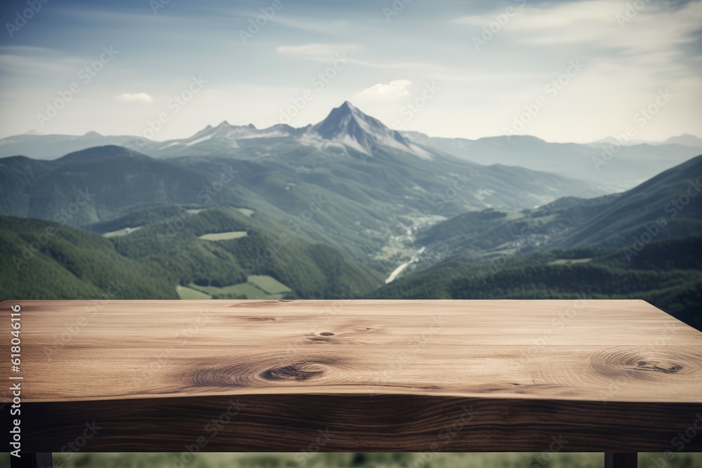 Wooden desk mountains. Generate Ai