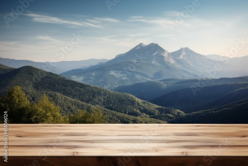 Wooden desk mountains sunset. Generate Ai