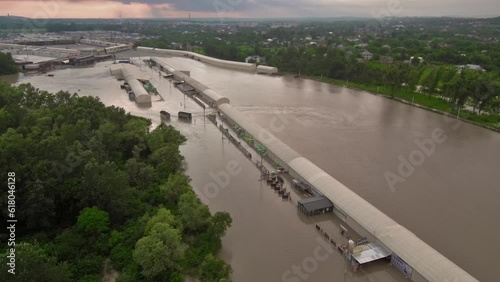 Flooded parking, stores and warehouses, aerial view. photo