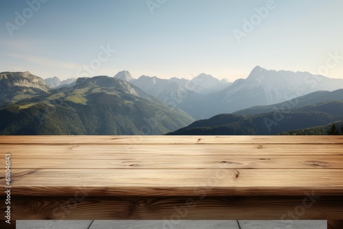 Wooden desk mountains field. Generate Ai