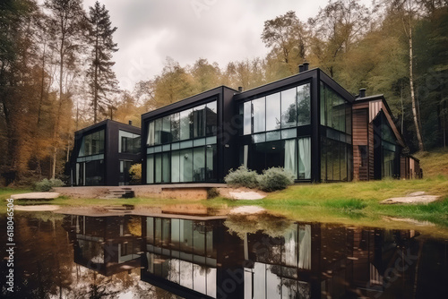 Modern luxury villa exterior in minimal style. Glass house in nature Glamping near lake and forest. Modern cabin house in deep forest, generative AI