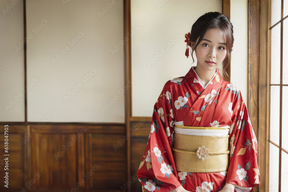 和室でカメラ目線の着物・振袖の日本人女性(美人モデル)