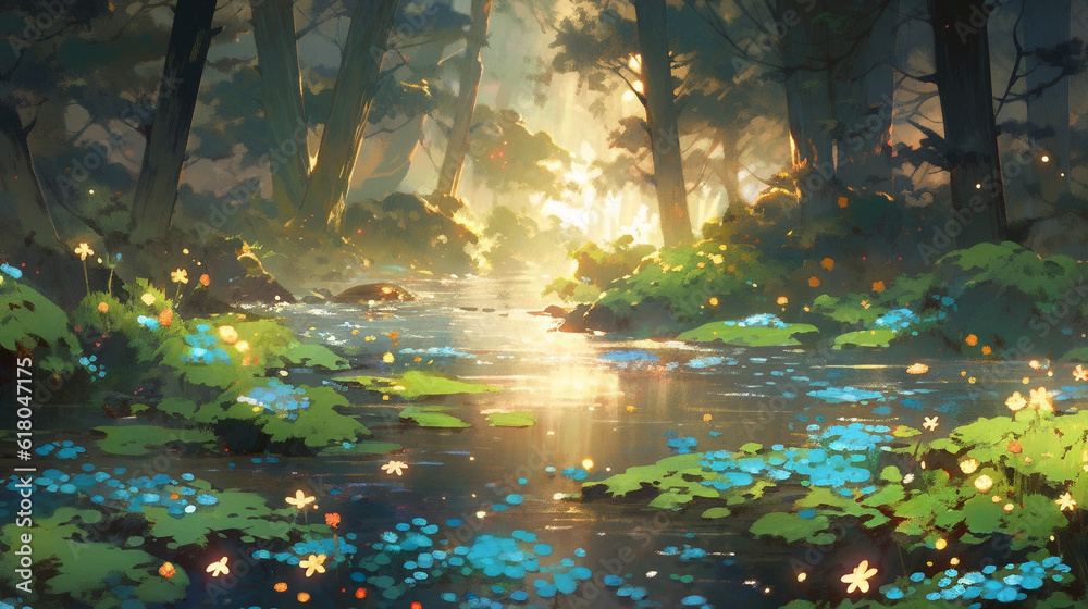 landscape countryside cartoon scene background. swamp in a deep forest filled with flowers surrounds it on sunny day.  generative AI