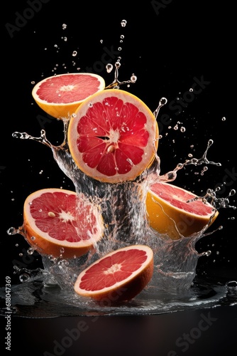 Grapefruit slices splashing into water - created using generative AI tools