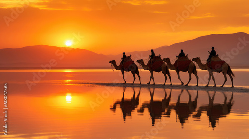 silhouette of a camel caravan at sunrise
