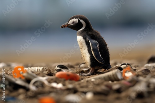 Sad penguin on garbage dumb, polution with plastics, . Generative Ai. © annamaria