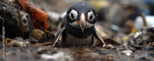 Sad penguin on garbage dumb, polution with plastics, . Generative Ai.