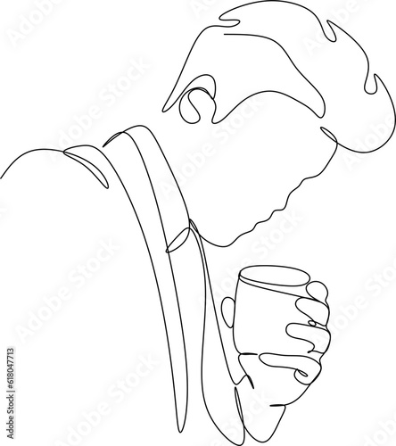Man in a shirt drinks a wine drink from a glass - one line drawing. a taster or wine lover sips wine from a glass in an informal setting