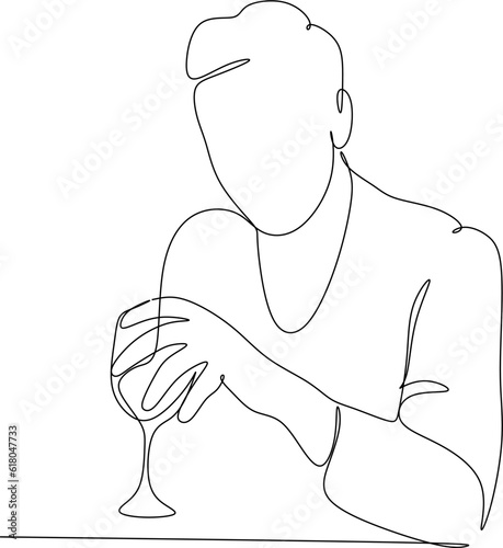 Man in a shirt drinks a wine drink from a glass - one line drawing. a taster or wine lover sips wine from a glass in an informal setting