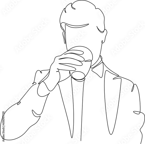Man in a shirt drinks a wine drink from a glass - one line drawing. a taster or wine lover sips wine from a glass in an informal setting