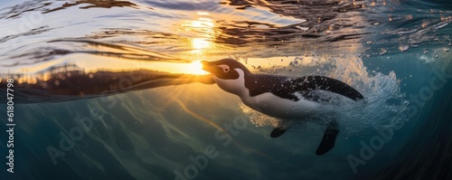 Swimming penguin  in clear ocean water, under water sunset view panorama. Generative Ai. © annamaria