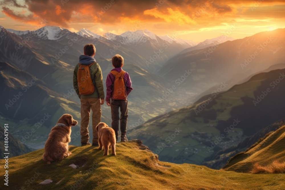 Obraz premium Family, child, and their beloved dog as they stand on the peak of a mountain. Generative AI