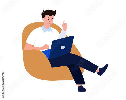 man is sitting with laptop on the couch at home Freelance, online education concept.