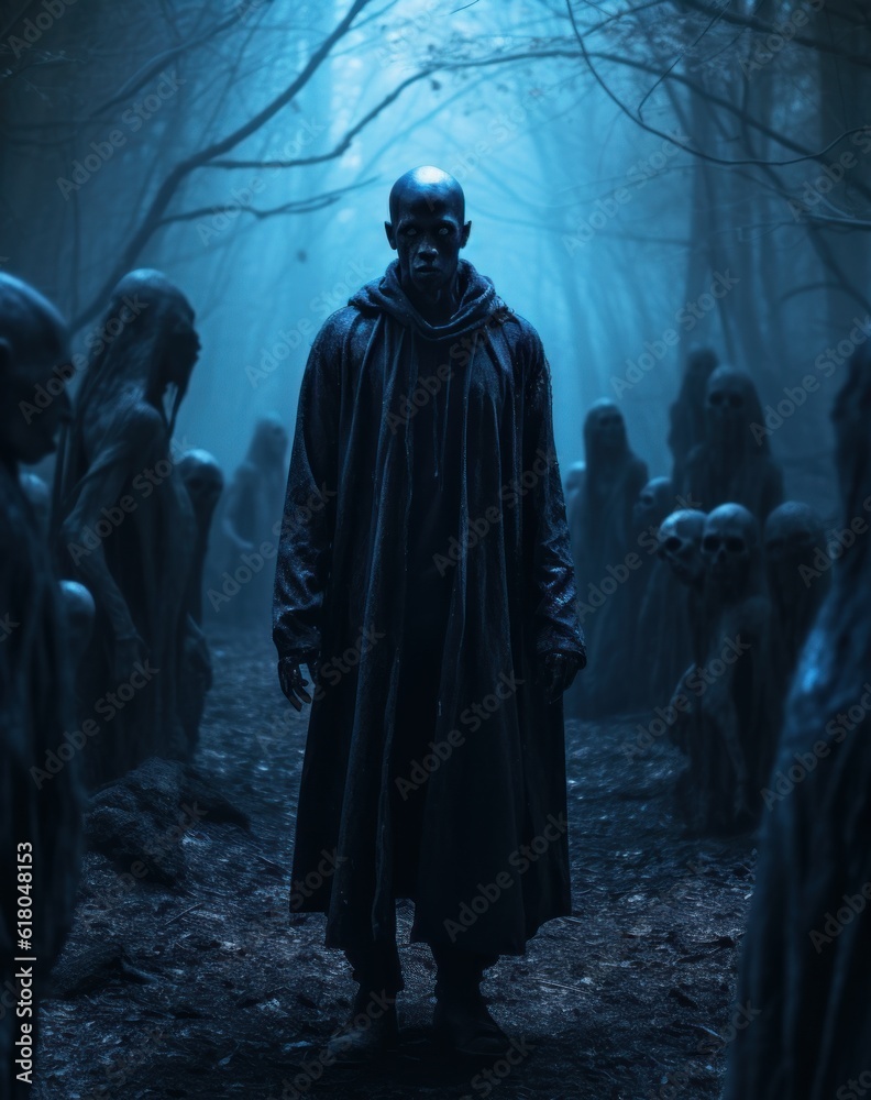 Naklejka premium Man standing in scary dark forest