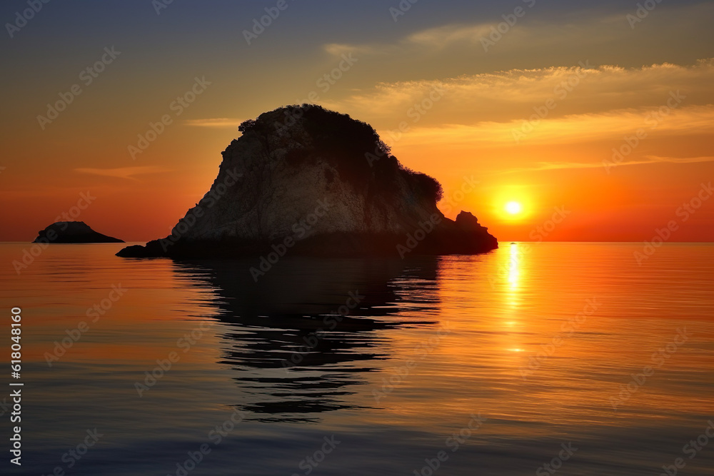 sunset over the sea rock Witness the Mesmerizing Serenity of a Photographic Gem: A Single Rock Island Amidst a Quiet Ocean, Bathed in the Radiant Hues of a Greek Sunrise, Creating a Captivating Reflec