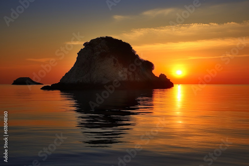 sunset over the sea rock Witness the Mesmerizing Serenity of a Photographic Gem: A Single Rock Island Amidst a Quiet Ocean, Bathed in the Radiant Hues of a Greek Sunrise, Creating a Captivating Reflec