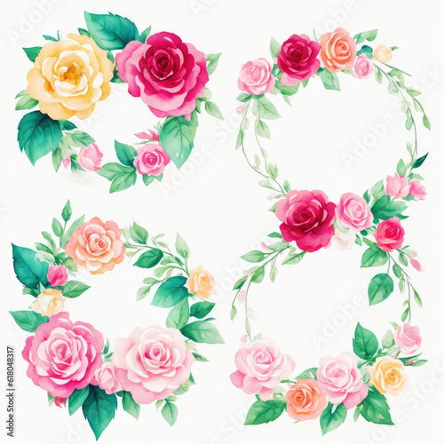 Watercolor wreaths rose flower frames with white background Generative AI.