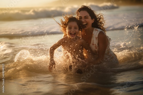 Moment between a mother and her daughter as they playfully splash in the sea. Generative AI © YouraPechkin