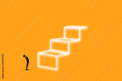 Businessman looking up at a ladder solution. Symbol of challenge and problem solution