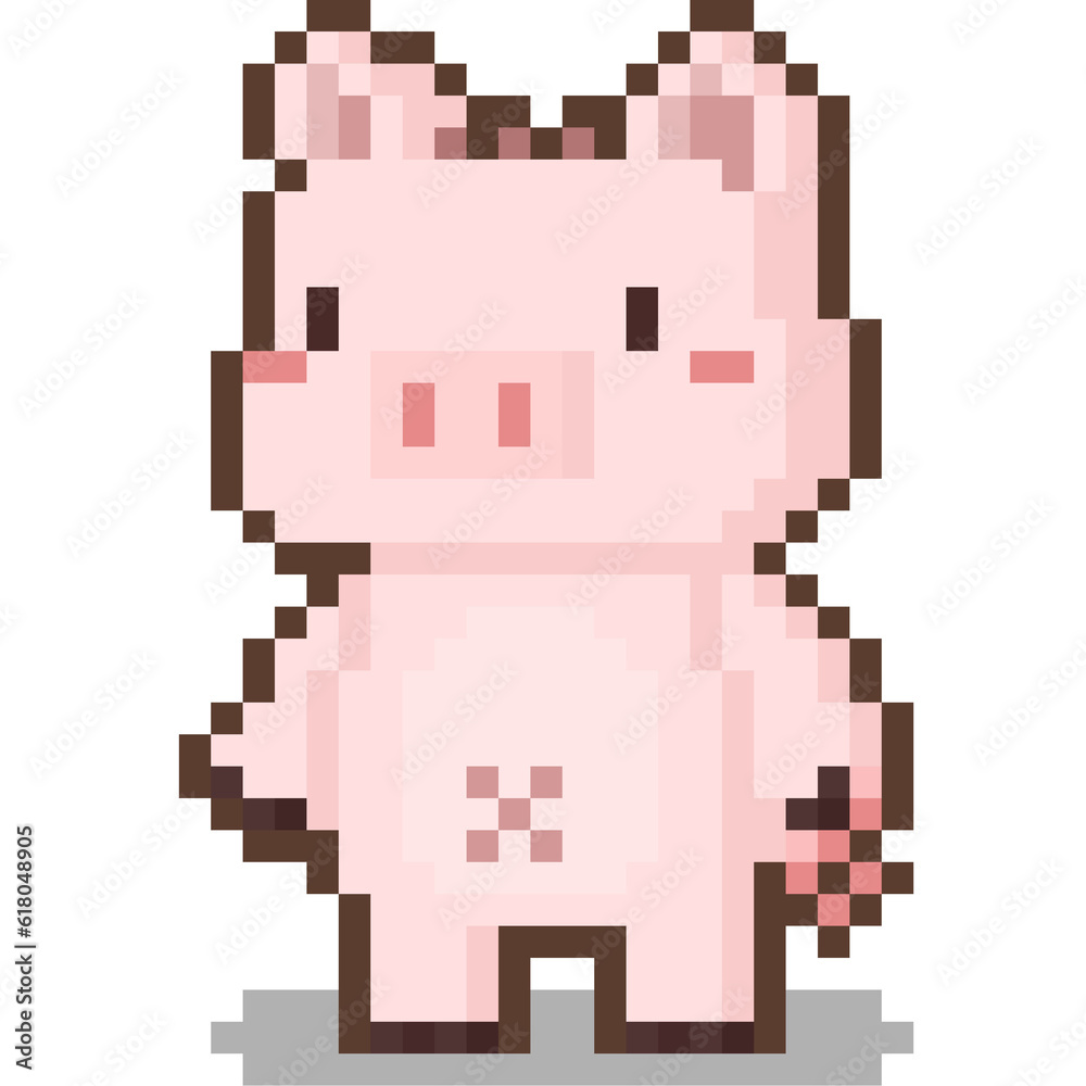 Naklejka premium Pixel art cartoon pig character.