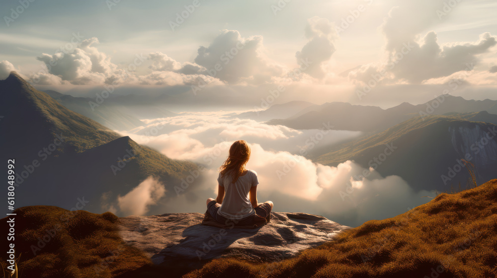 Girl sits with her back on top of a mountain, under the clouds