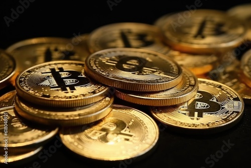 shiny glittering isolated bit coins cryptocurrency, AI generated © dark_blade