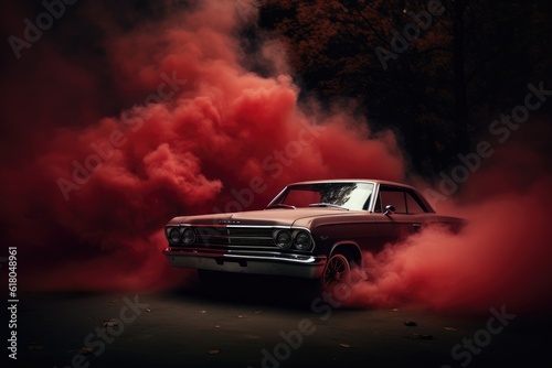 Drifting car on dark black background with red smoke. Car in the smoke. Supercar in motion. Sports car drifting in smoke. Supercar in fog front view.