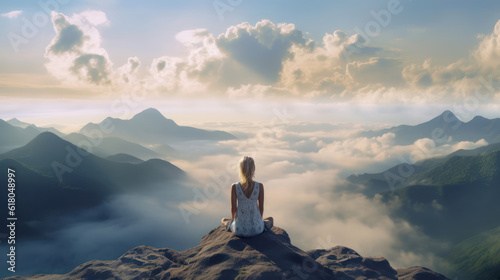 Girl sits with her back on top of a mountain, under the clouds