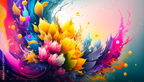 Colorfull abstract composition with bright floral elements. Generative AI.