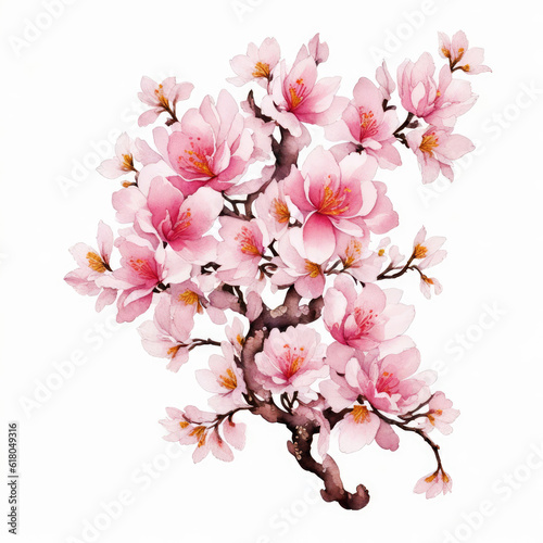 Watercolor intricate baroque cherry blossom painting image with white background Generative AI.