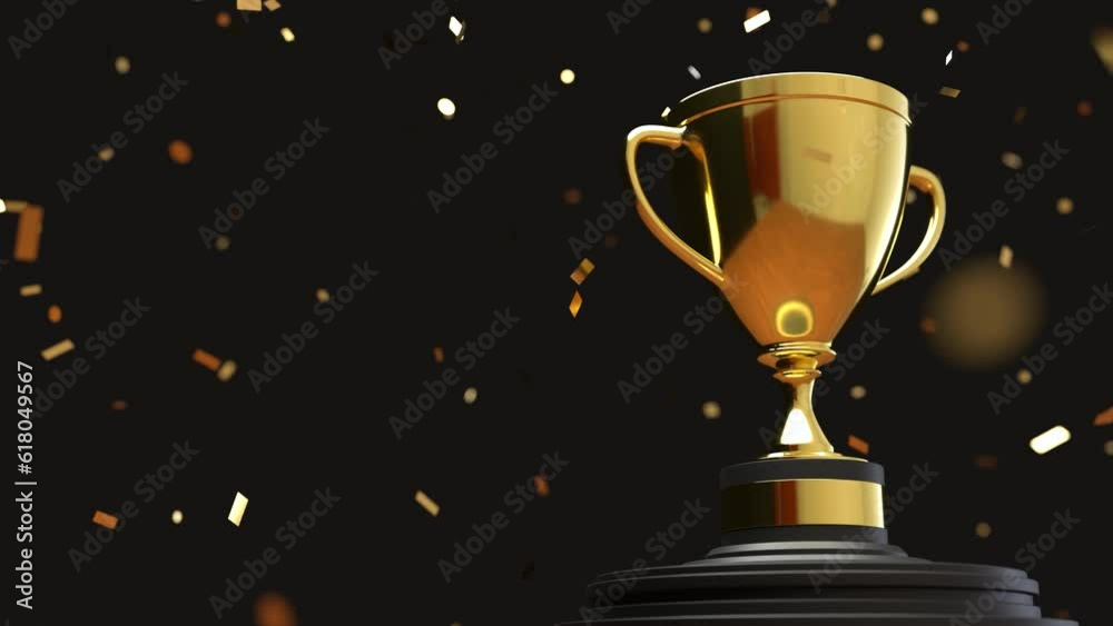 Golden trophy with falling golden confetti on black background, Victory Golden trophy with falling golden confetti on black background, Victory