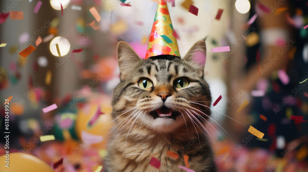 Cat with flying confetti, bithday party. Cat with flying confetti, bithday party.