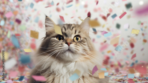 Cat with flying confetti, bithday party.  © tashechka