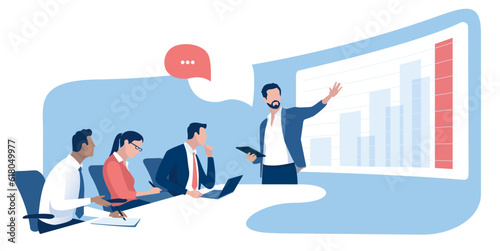Education. Business meeting. The leader explains the growth strategy. Vector illustration. 