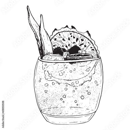 Summer cocktail or lemonade with dragon fruit slice, berries and ice cubes vector line drawing illustration for restaurant menu. Drink cafe shop logo