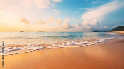 A peaceful beach with turquoise waves lapping against the shore. The sun reflects off the calm body of water, inviting visitors to take a dip.