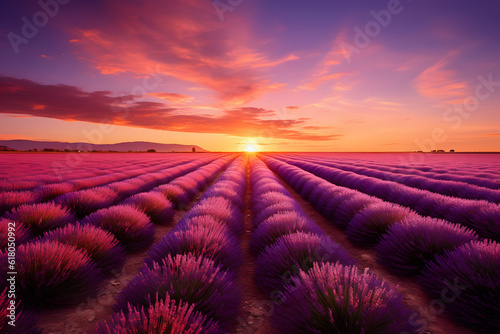 A breathtaking sight of a field of lavender bathed in the golden rays of the setting sun. The sight of the bright purple flowers contrasting with the warm, orange sky is one that will stay with you.