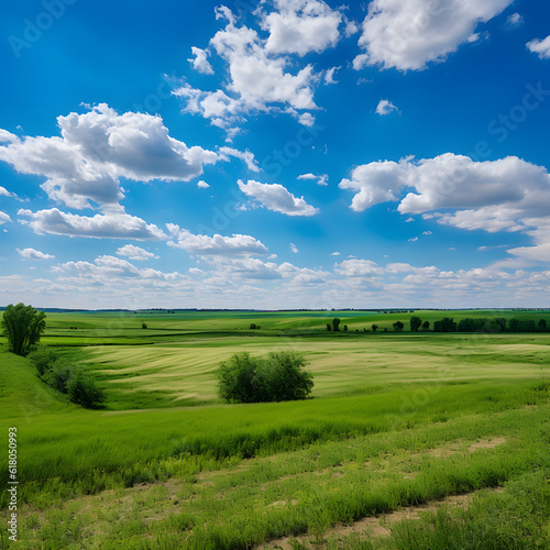 A lush green field stretching for miles, dotted with trees and beneath a bright blue sky. Calm and peaceful, it's the perfect spot for a picnic or a quiet stroll.