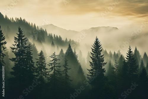 A mysterious fog hangs over a lush forest, obscuring the majestic mountains in the distance. A sense of tranquility and awe fill the air as one takes in the beauty of nature.