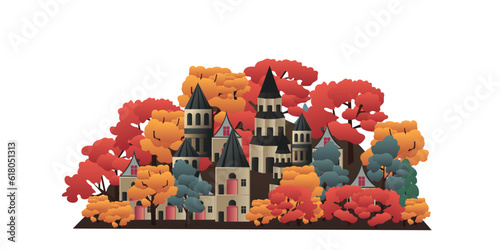 Travel concept. An island with houses. Vector illustration, flat style. Autumn.