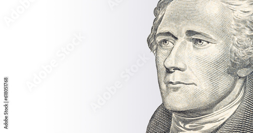 Alexander Hamilton face portrait banner. US ten or 10 dollars bill