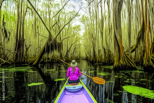 rowing a kayak through the swamp bayou 