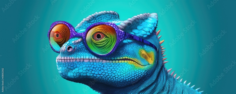 Panorama of chameleon with sunglasses on multicolor pastel background. Generative Ai.